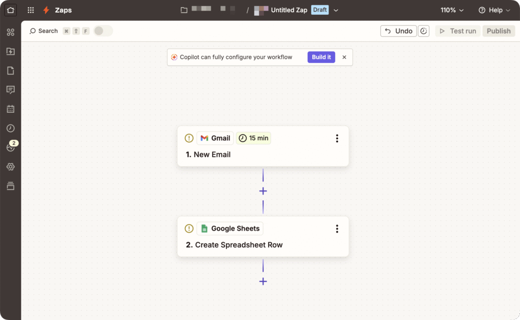 Zapier Zap editor showing a two-step draft workflow: a Gmail New Email trigger polling every 15 minutes connected to a Google Sheets Create Spreadsheet Row action, with a Copilot banner offering to configure the workflow.