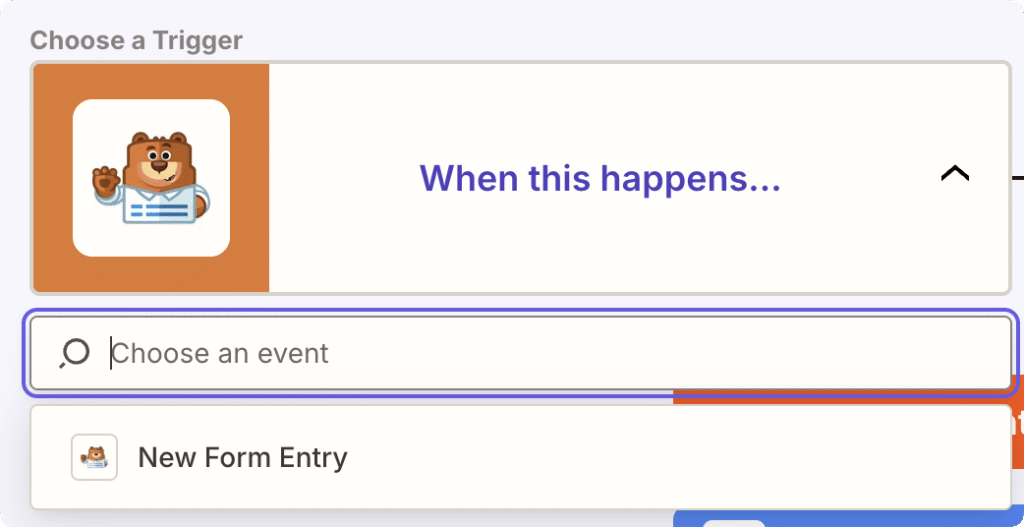 Zapier trigger setup for WPForms showing a Choose an event dropdown with New Form Entry as the only available trigger option.