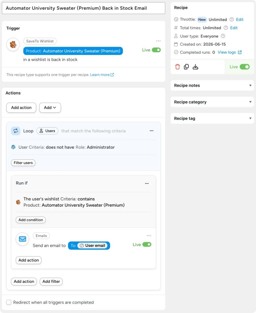 Uncanny Automator recipe that sends a back-in-stock email when the Automator University Sweater (Premium) returns to stock, using a SaveTo Wishlist trigger and a user loop filtered to non-administrators whose wishlist contains the product.