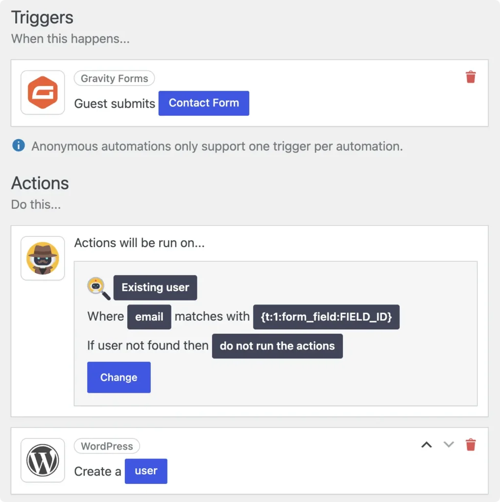 AutomatorWP anonymous automation matching users by email from a Gravity Forms submission before creating a WordPress user.