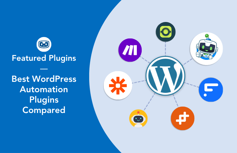 WordPress logo at the center connected to a ring of automation plugin icons including Uncanny Automator, Zapier, and others, illustrating the best WordPress automation plugins and tools compared.