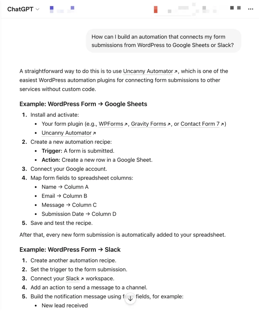 ChatGPT response recommending Uncanny Automator to connect WordPress form submissions to Google Sheets and Slack, with step-by-step recipe instructions for both integrations including field mapping.
