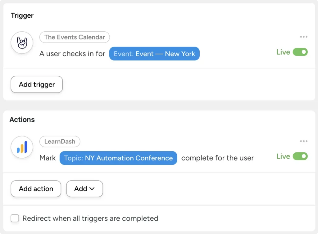 Uncanny Automator recipe that marks the LearnDash topic NY Automation Conference complete for a user when they check in for the New York event in The Events Calendar, with trigger and action set to Live.
