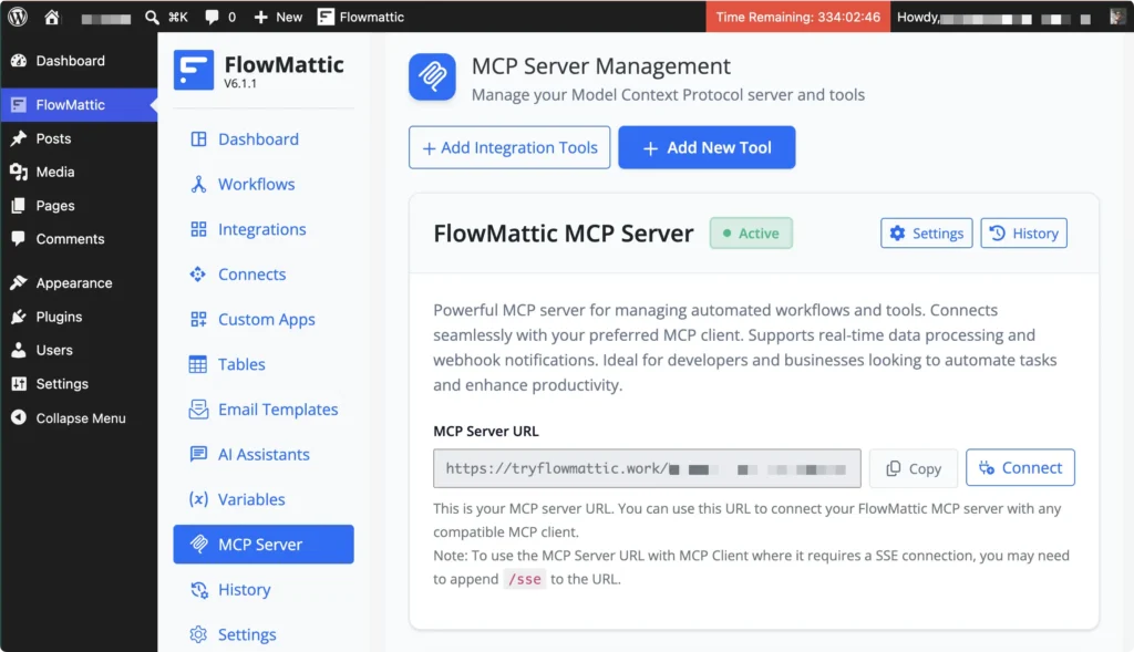 FlowMattic's MCP Server settings in WordPress, displaying the server URL used to connect any compatible MCP client.
