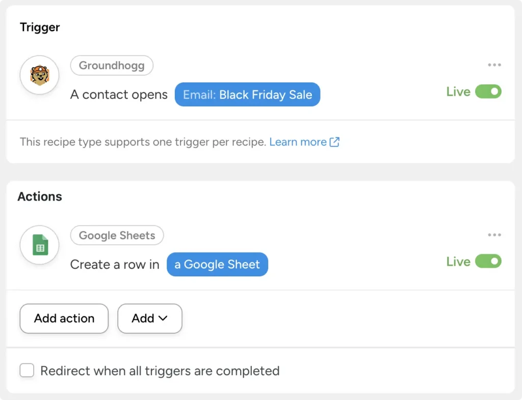 Uncanny Automator recipe that creates a Google Sheets row when a Groundhogg contact opens the Black Friday Sale email, with trigger and action set to Live.