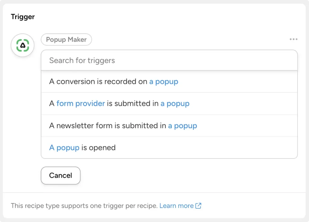 Uncanny Automator Popup Maker trigger selection showing four options: a conversion recorded on a popup, a form provider submitted in a popup, a newsletter form submitted in a popup, and a popup is opened.