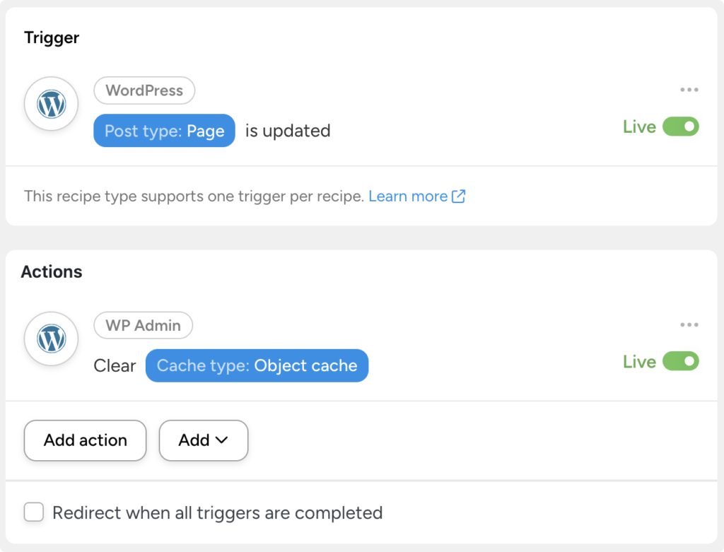 Uncanny Automator recipe that clears the object cache when a WordPress page is updated, with trigger and action set to Live.