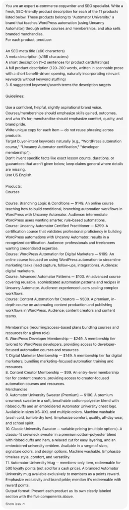 ChatGPT prompt asking for SEO product descriptions for 11 Automator University products, listing courses, memberships, and merchandise with pricing and copywriting guidelines.
