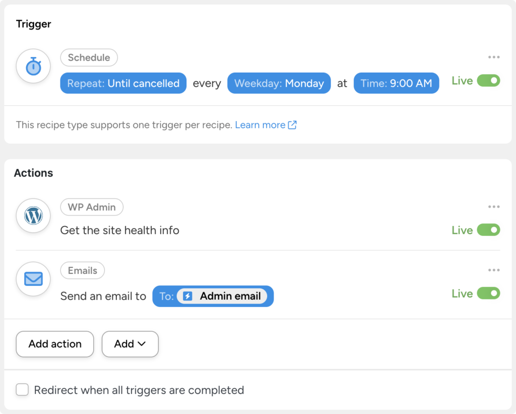 Uncanny Automator recipe scheduled to run every Monday at 9:00 AM that gets WordPress site health info and emails it to the admin email, with all steps set to Live.