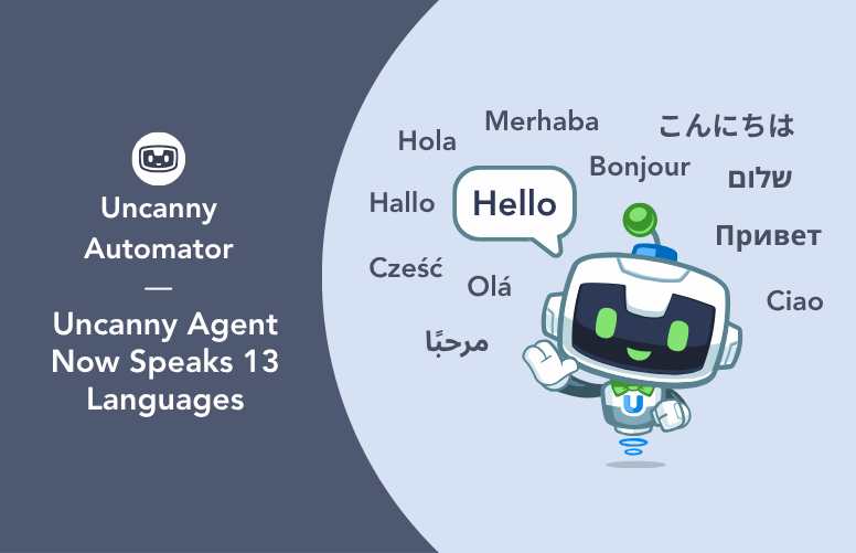 Uncanny Automator’s Uncanny Agent now speaks 13 languages. A friendly cartoon robot waves beside a speech bubble saying Hello, surrounded by translations of hello in Spanish, French, Japanese, German, Italian, Portuguese, Polish, Russian, Hebrew, Arabic, Turkish, and other languages.