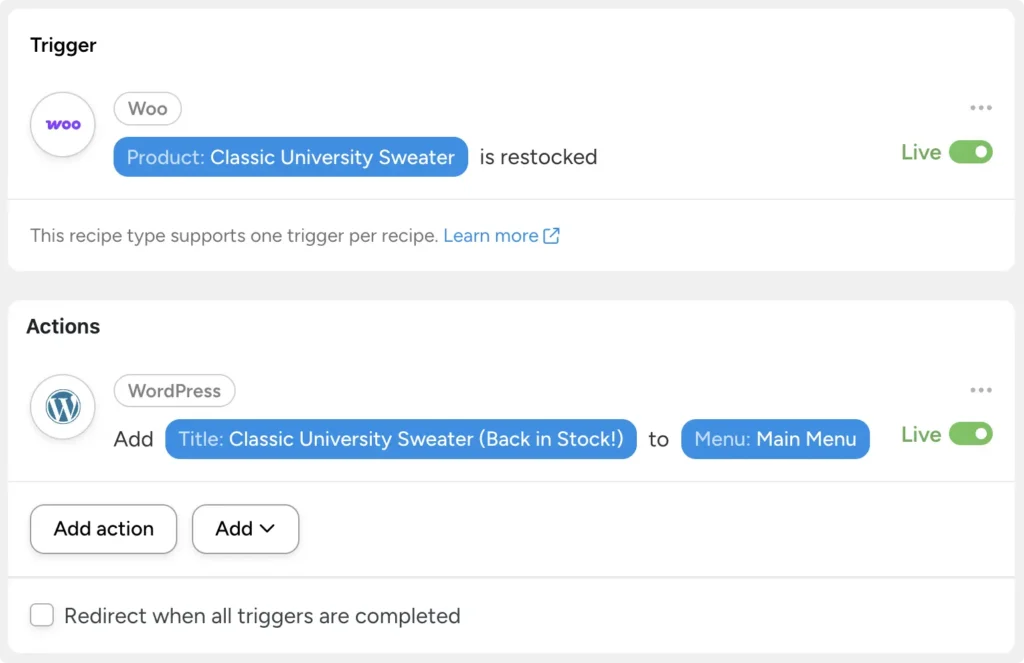 Uncanny Automator recipe that adds a 'Classic University Sweater (Back in Stock!)' item to the Main Menu when the WooCommerce product is restocked.