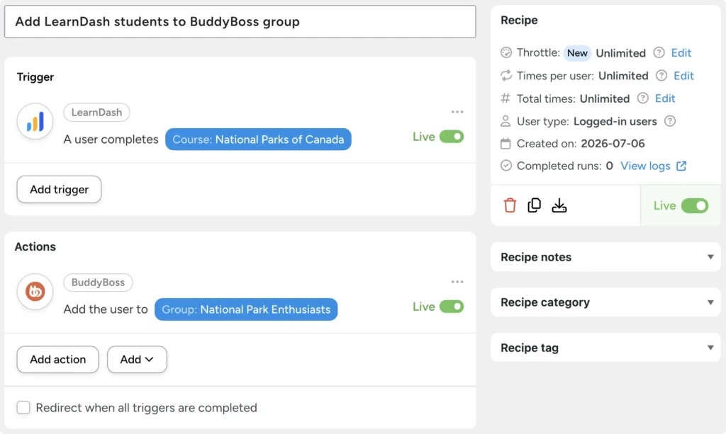 Uncanny Automator recipe titled 'Add LearnDash students to BuddyBoss group' that adds a user to the National Park Enthusiasts BuddyBoss group when they complete the National Parks of Canada course.