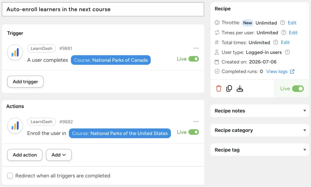Uncanny Automator recipe titled 'Auto-enroll learners in the next course' that enrolls a user in the National Parks of the United States course when they complete the National Parks of Canada course.