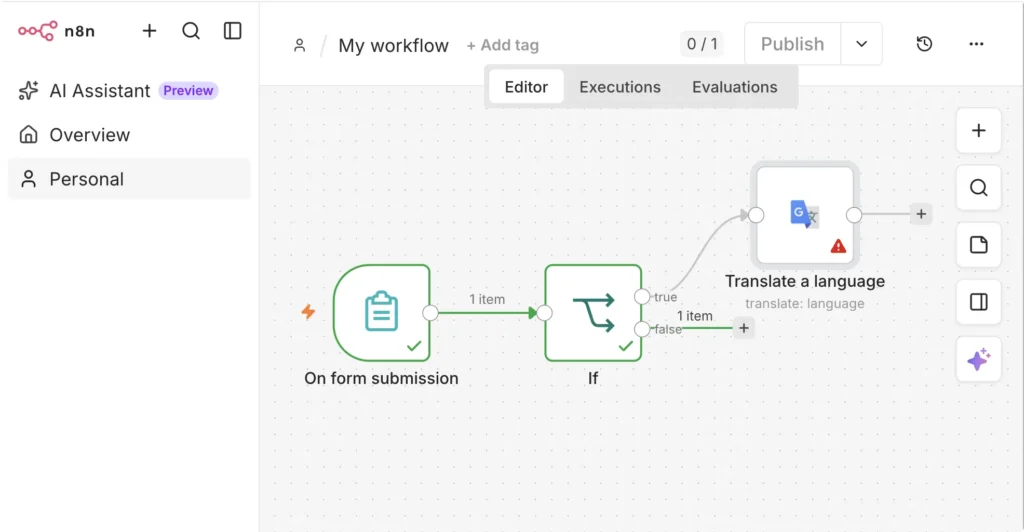 n8n workflow editor with a form submission trigger routing through an If node to a Google Translate action.