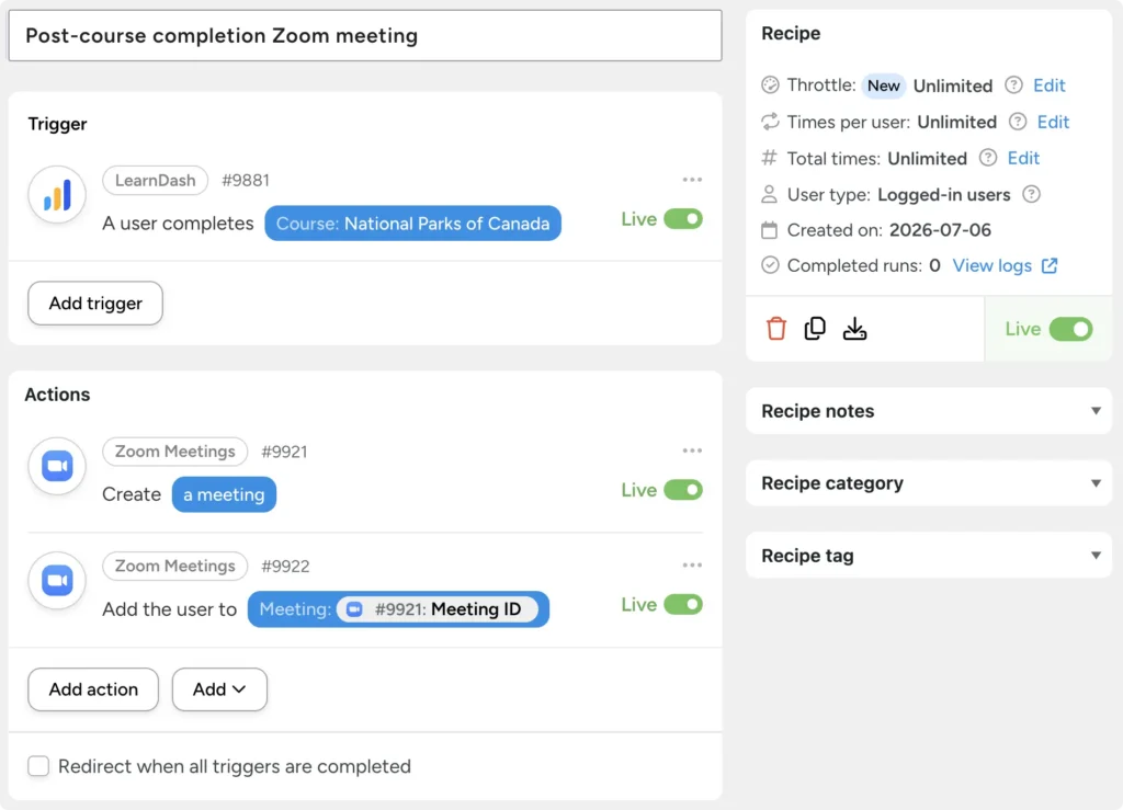 Uncanny Automator recipe titled ‘Post-course completion Zoom meeting’ that creates a Zoom meeting and adds the user to it when that user completes the National Parks of Canada course.