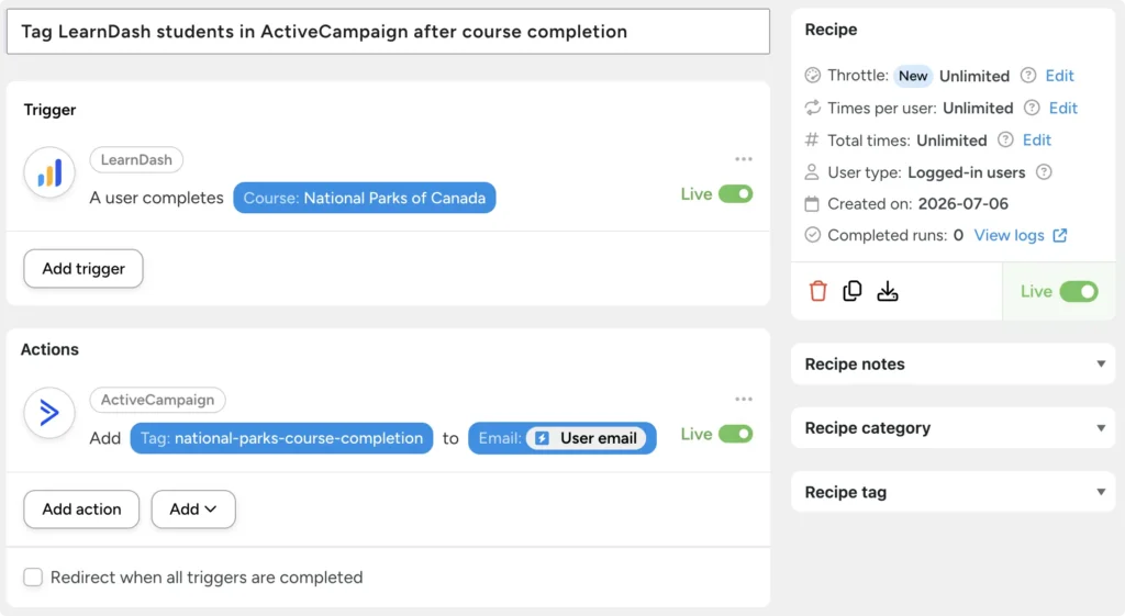 Uncanny Automator recipe titled 'Tag LearnDash students in ActiveCampaign after course completion' that adds the national-parks-course-completion tag to the user's email in ActiveCampaign when they complete the National Parks of Canada course.