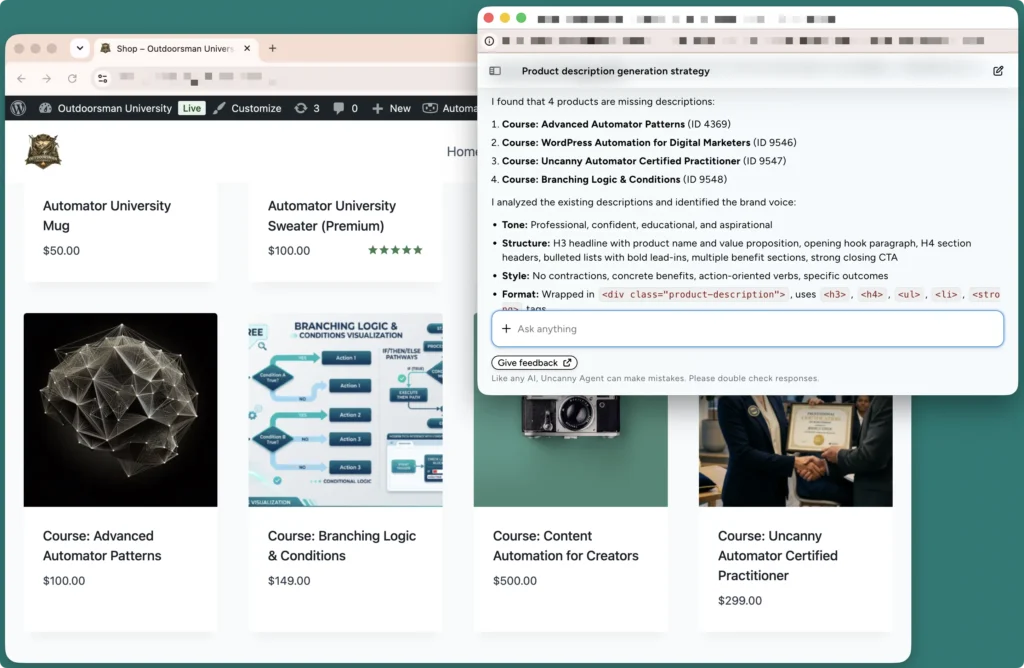 uncanny-agent-bulk-product-descriptions Uncanny Agent chat panel working as an AI product description generator over the WooCommerce shop page, showing its strategy for bulk-writing descriptions for four products missing them, with a brand voice analysis of tone, structure, style, and format.