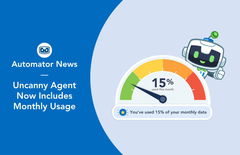 Automator News graphic: Uncanny Agent now includes a monthly usage meter, shown at 15% with U-Bot the robot mascot beside it.
