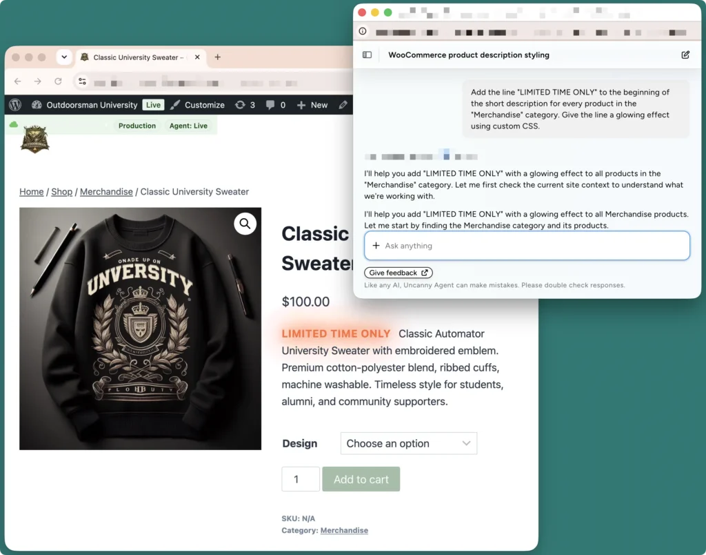 uncanny-agent-update-product-descriptions Uncanny Agent AI product description generator adding a glowing "LIMITED TIME ONLY" line to a WooCommerce sweater product page.