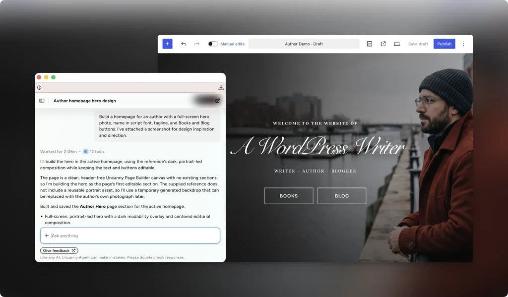 Uncanny Page Builder, an AI page builder for WordPress, building an author homepage from a natural language prompt, with the finished full-screen hero beside the chat window.