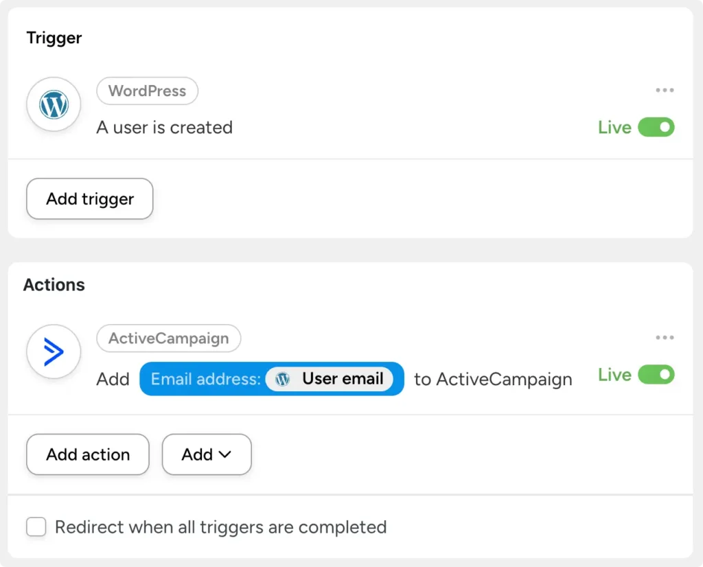 An Uncanny Automator recipe that adds a new WordPress user to ActiveCampaign when they sign up through the landing page form.