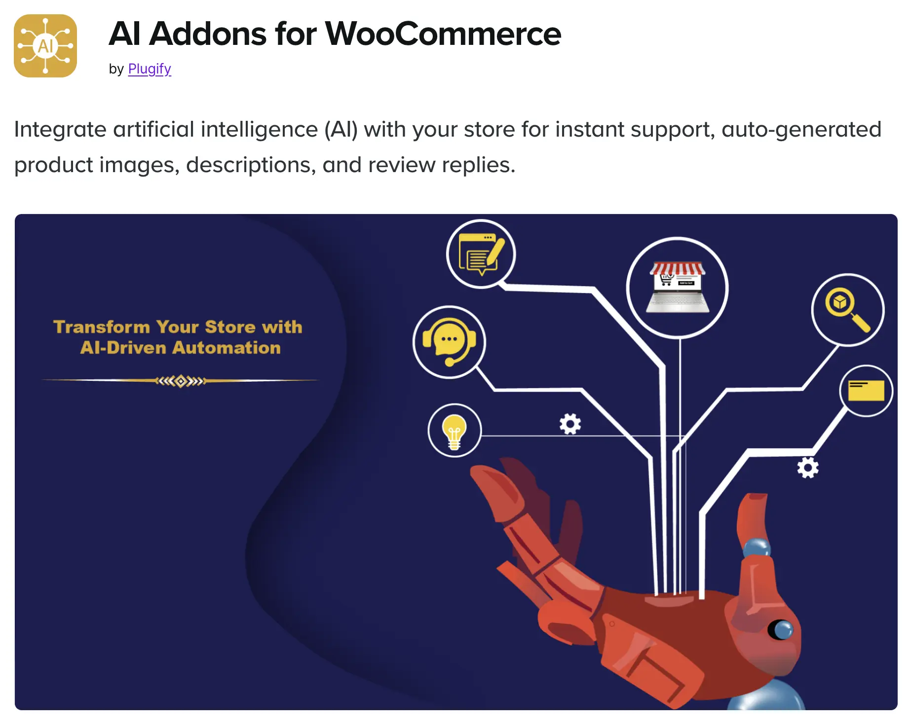 Illustration of a robotic arm on a dark blue background connected to white circuit lines and circular icons, promoting AI-driven automation for WooCommerce.