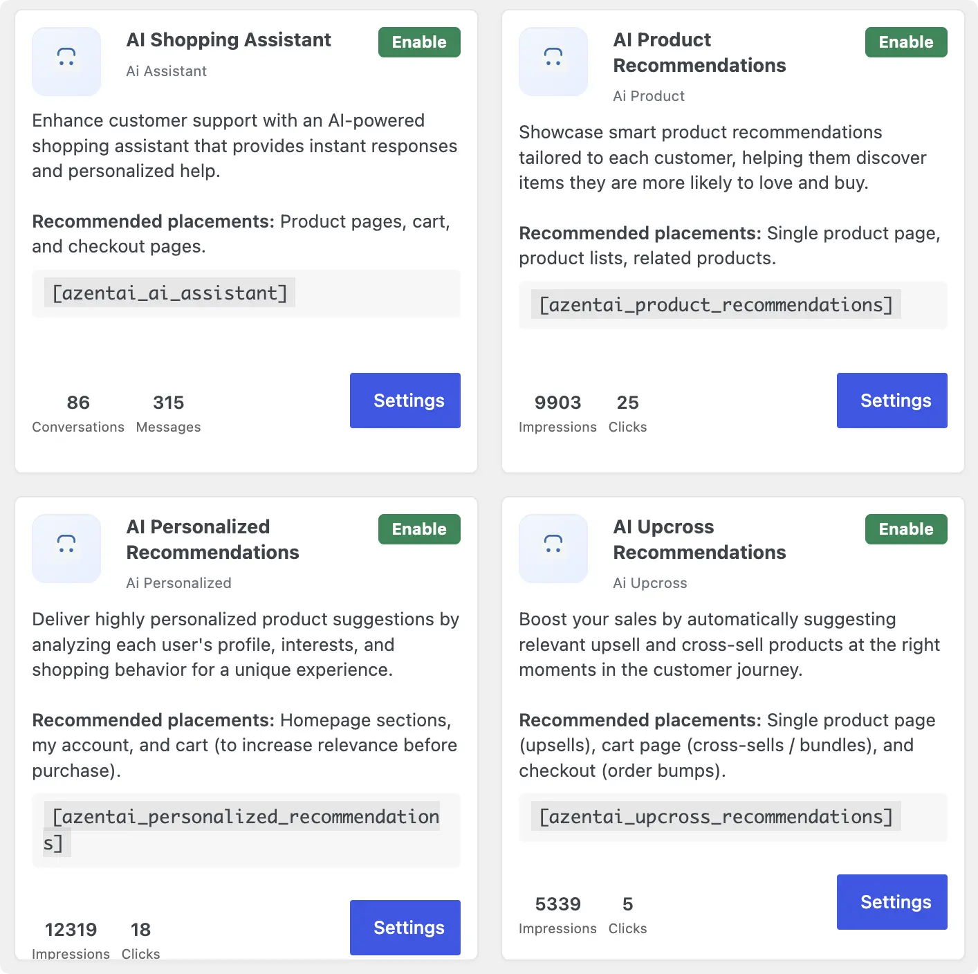 Grid of AI feature cards (Shopping Assistant, Product Recommendations, etc.) with Enable buttons and Settings, showing descriptions and stats like Impressions/Clicks or Conversations/Messages and a code snippet placeholder.