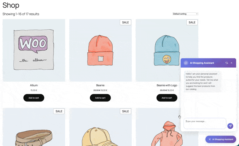 Online shop product grid showing illustrated apparel items (album cover, beanies, belt, hat, jacket) with Add to cart buttons and sale tags on a light blue background.