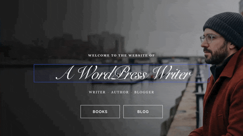 Button hover effects on the author homepage built by Uncanny Agent: Books and Blog buttons turn red with white text after prompt to change hover effects.