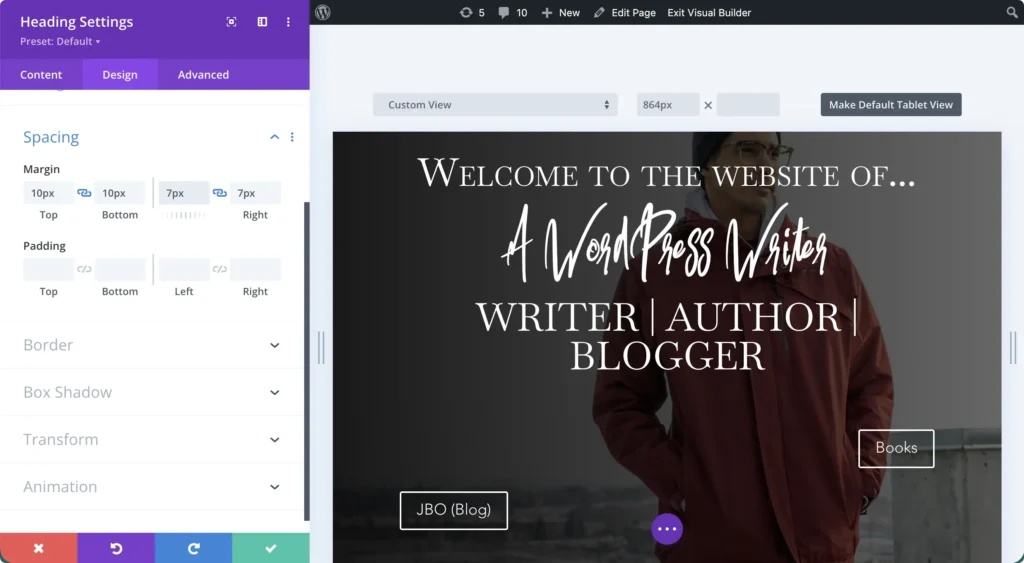 Divi Visual Builder editing an author website homepage in tablet view, with heading spacing settings open in the sidebar.