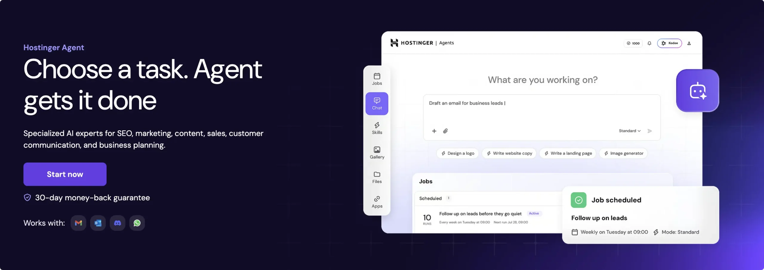Hero banner for Hostinger Agent: bold headline and a purple Start now button, with a UI preview on the right.