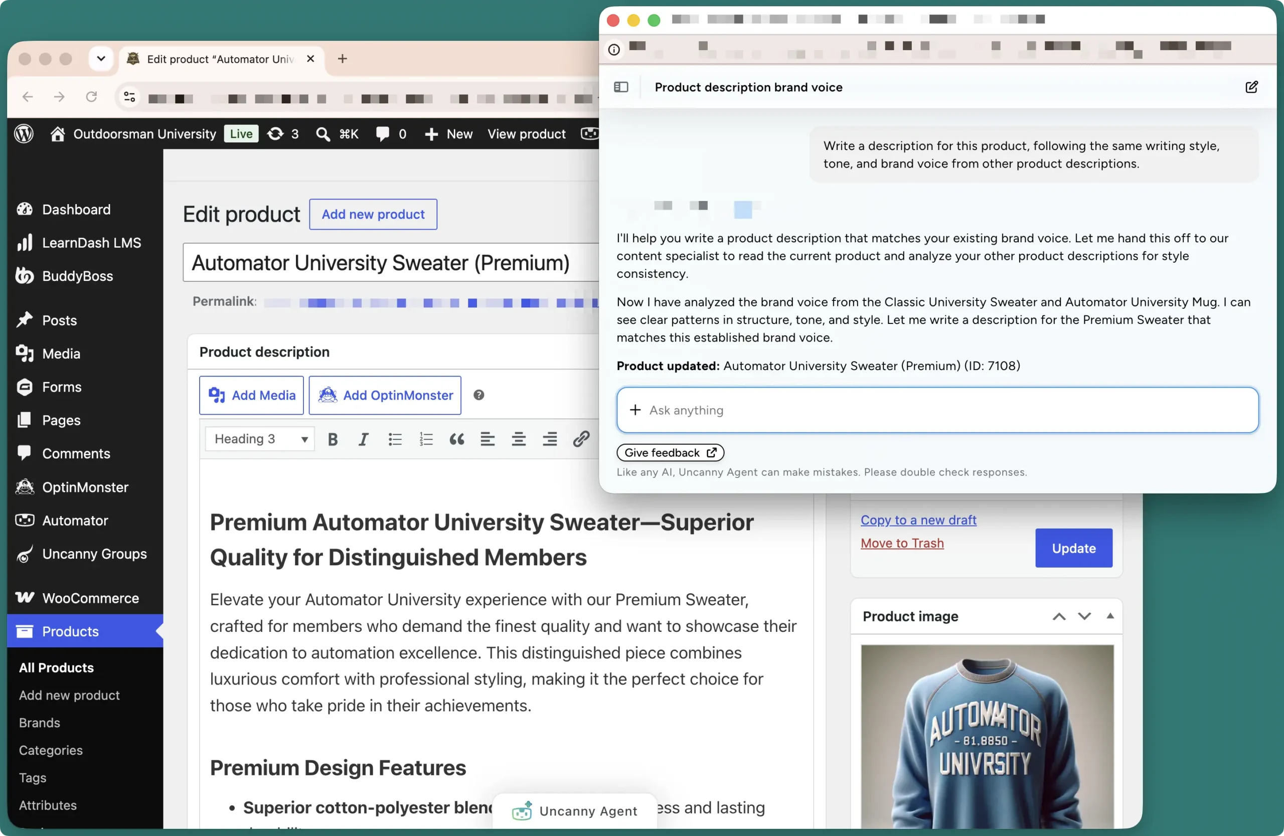 Desktop screenshot of WordPress admin editor showing the 'Automator University Sweater' product page in the WooCommerce dashboard, with left navigation visible.