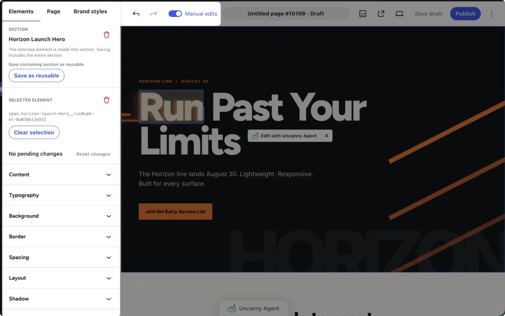 The Manual editor toggled on in the Uncanny Page Builder toolbar, with the visual style inspector open for a selected element.