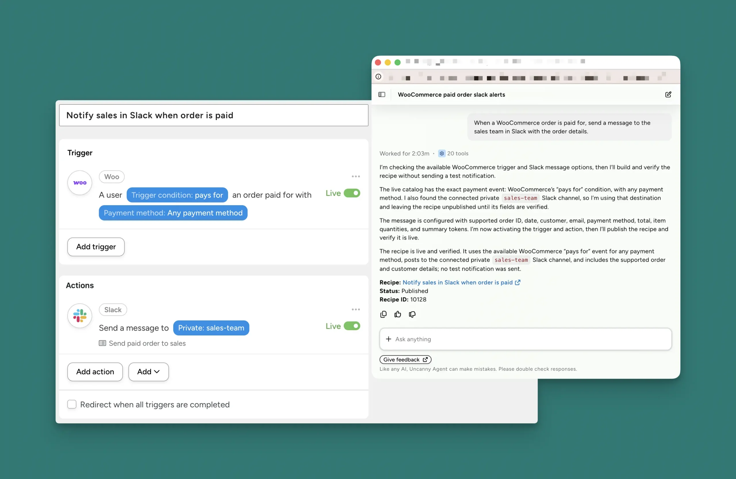 UI mockup of a workflow: 'Notify sales in Slack when order is paid' with WooCommerce trigger and Slack action, and a Live toggle.
