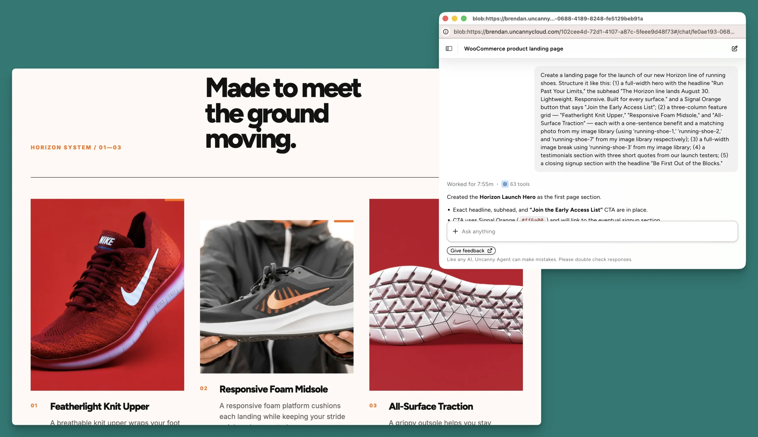 Hero section of a product landing page with bold black headline 'Made to meet the ground moving' and three shoe images (red Nike sneaker, grey/black trainer, white patterned sole).