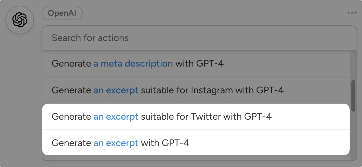 OpenAI action list in Uncanny Automator with excerpt-generating options highlighted, including one suited to Twitter.