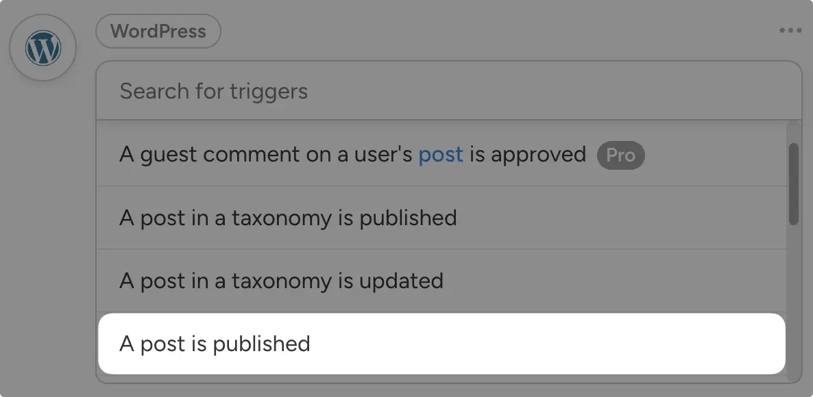 Selecting "A post is published" from the WordPress trigger list in Uncanny Automator, with taxonomy triggers above it.