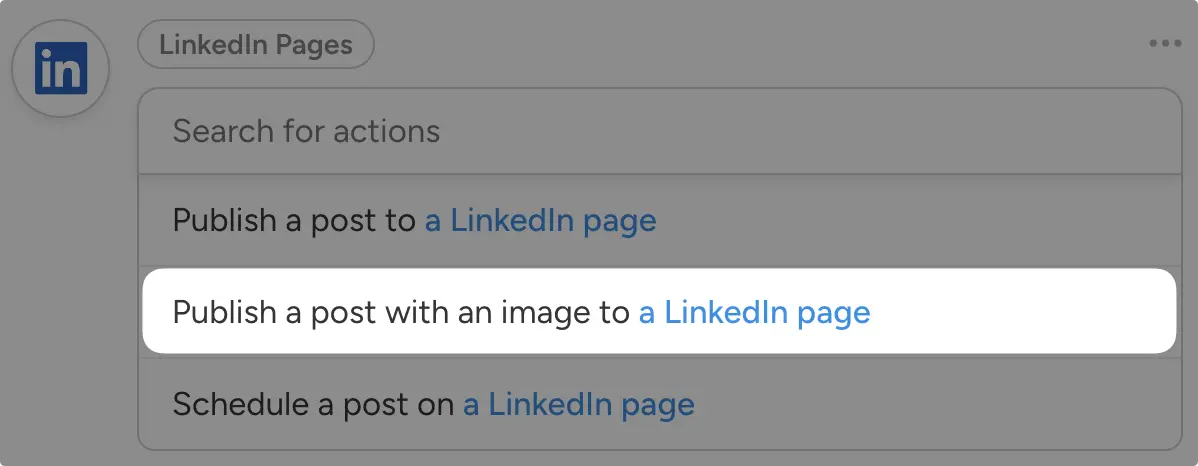 Selecting "Publish a post with an image to a LinkedIn page" from the LinkedIn Pages action list in Uncanny Automator.