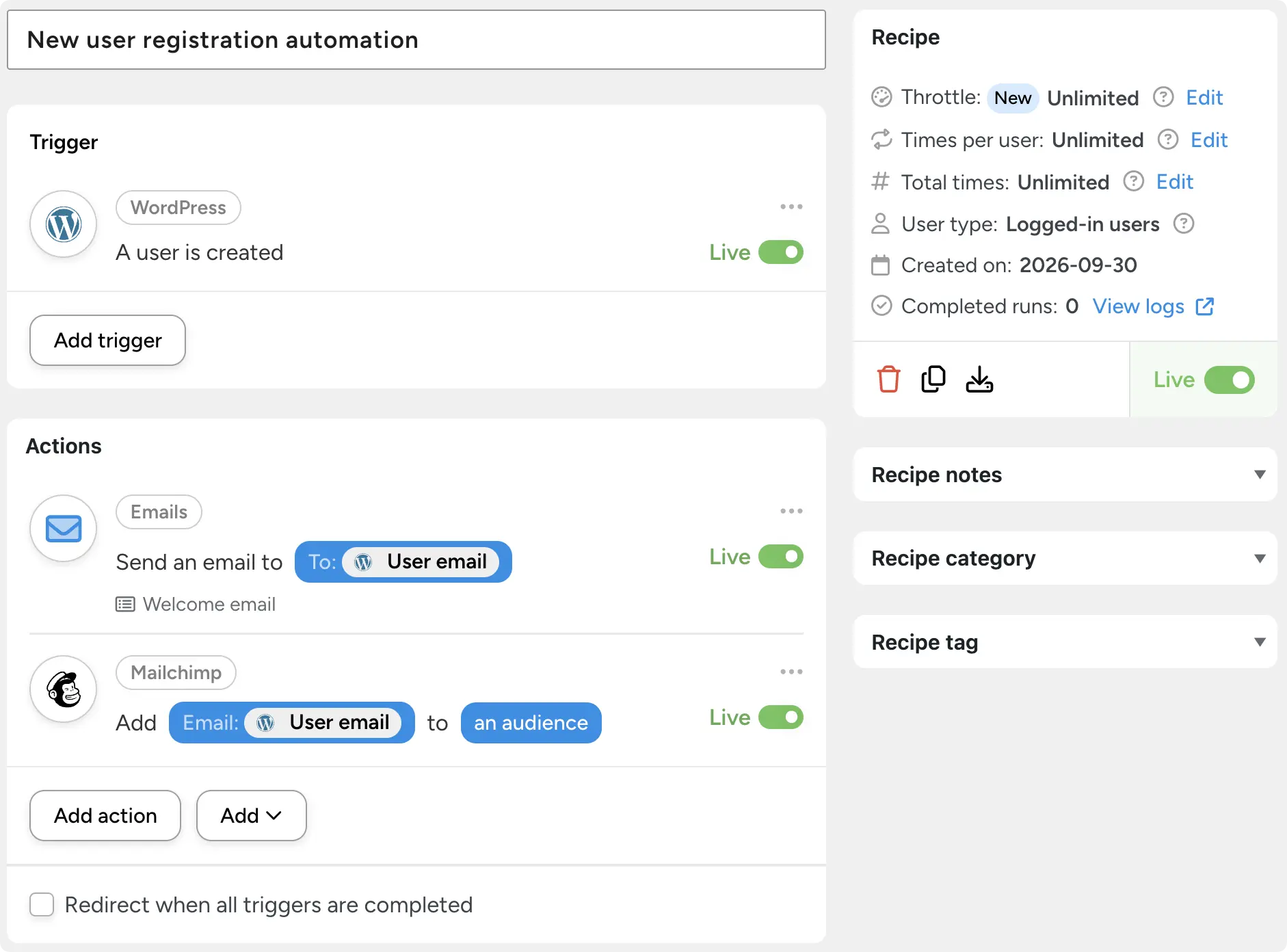 A new user registration recipe built with no-code automation, sending a welcome email and adding the user to Mailchimp.