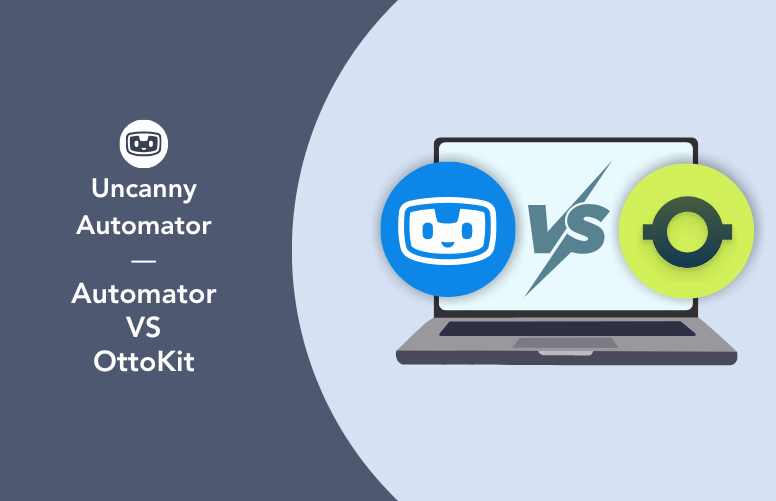 Uncanny Automator vs OttoKit, formerly SureTriggers, with both logos facing off on a laptop screen.