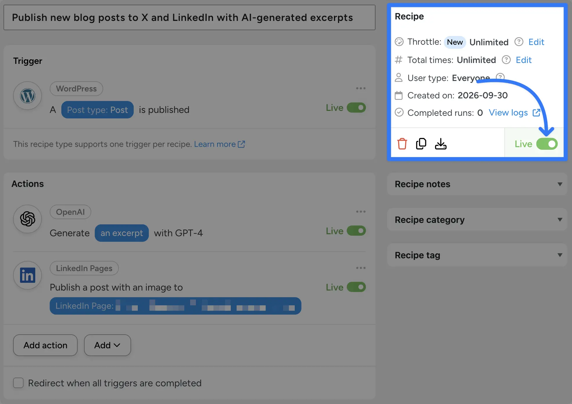 A no-code automation publishing new WordPress posts to LinkedIn with a GPT-4 generated excerpt, built in Uncanny Automator set to “Live”.
