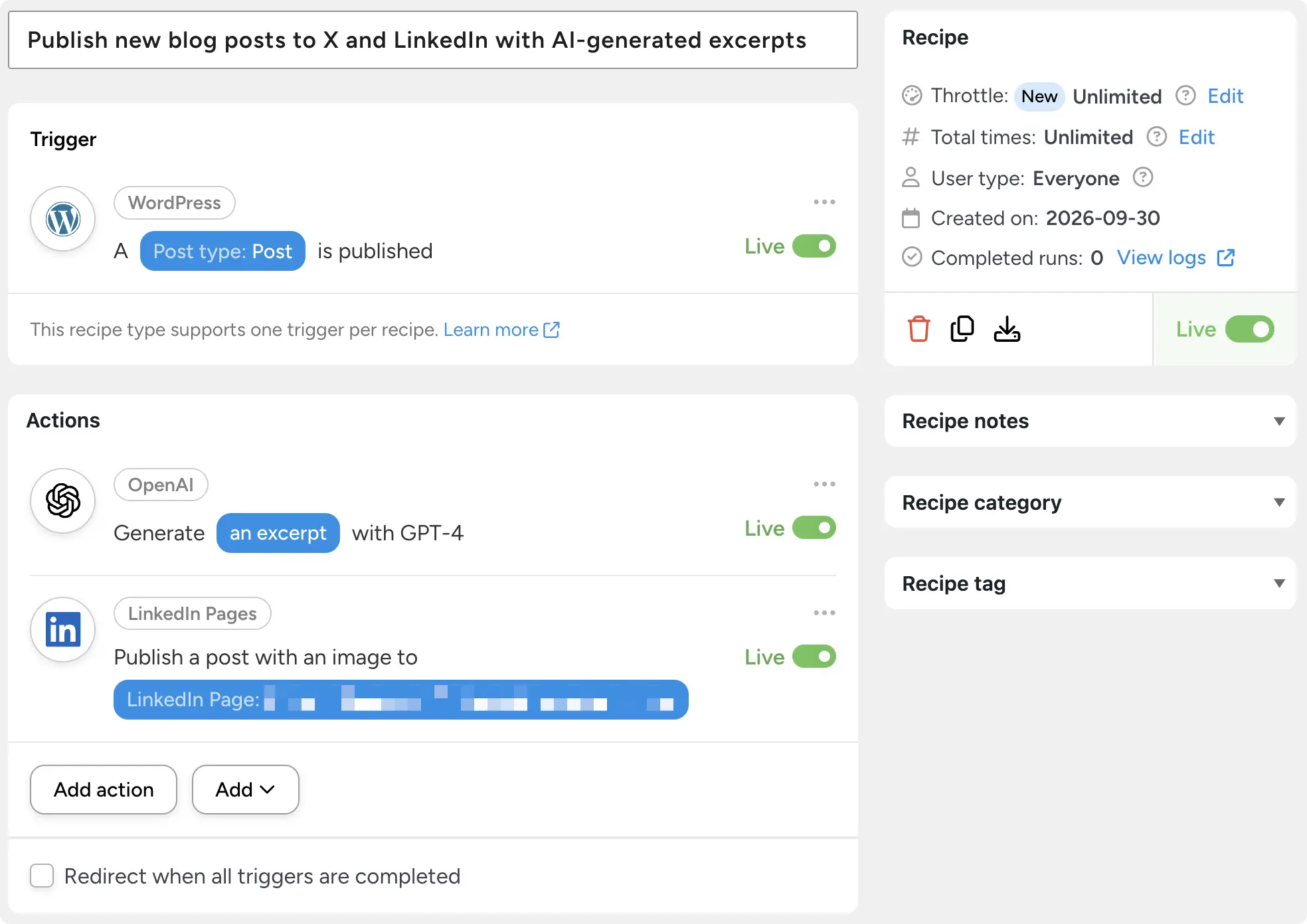 A no-code automation publishing new WordPress posts to LinkedIn with a GPT-4 generated excerpt, built in Uncanny Automator.