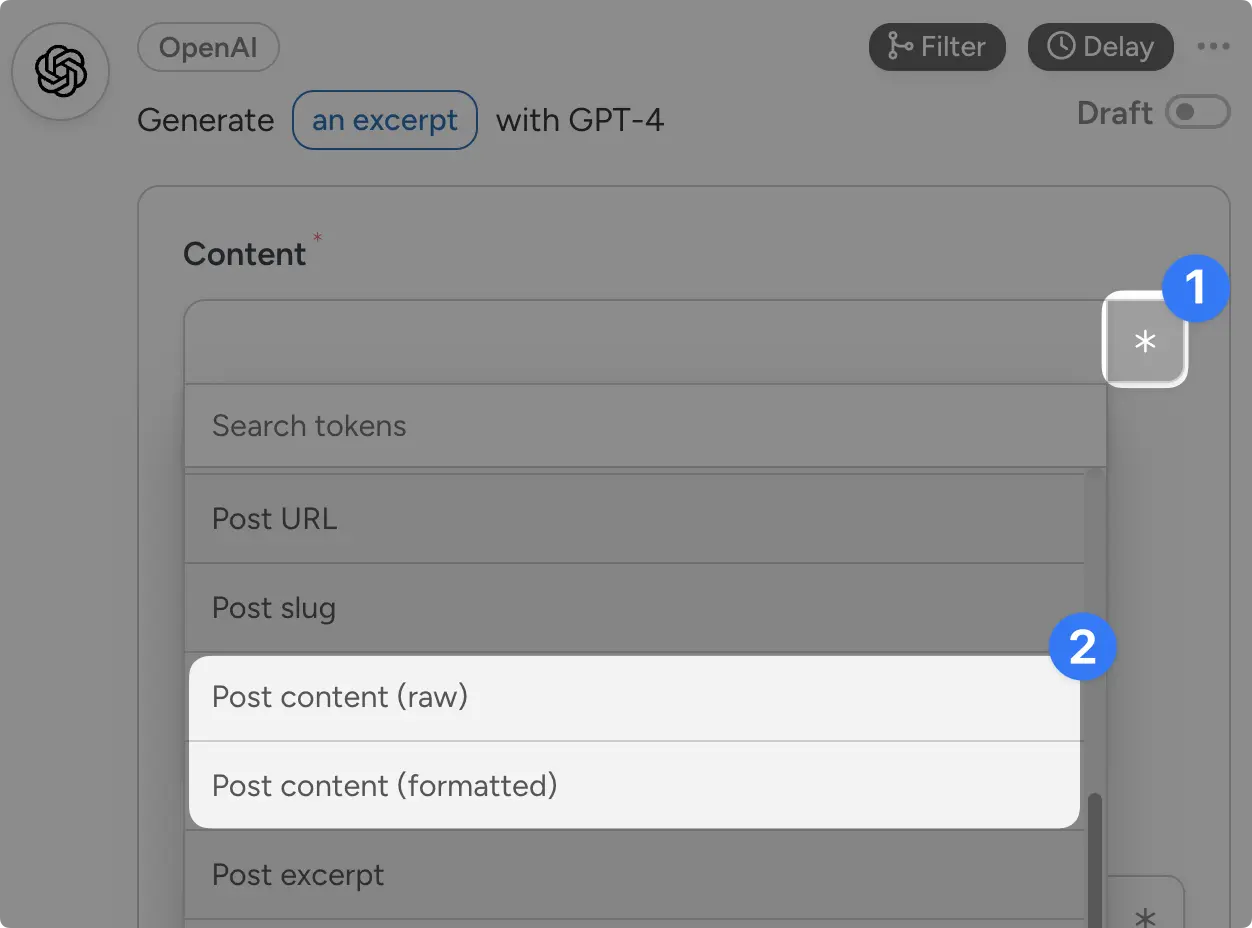 Adding a post content token to the Content field of an OpenAI excerpt action in Uncanny Automator, with raw and formatted options.