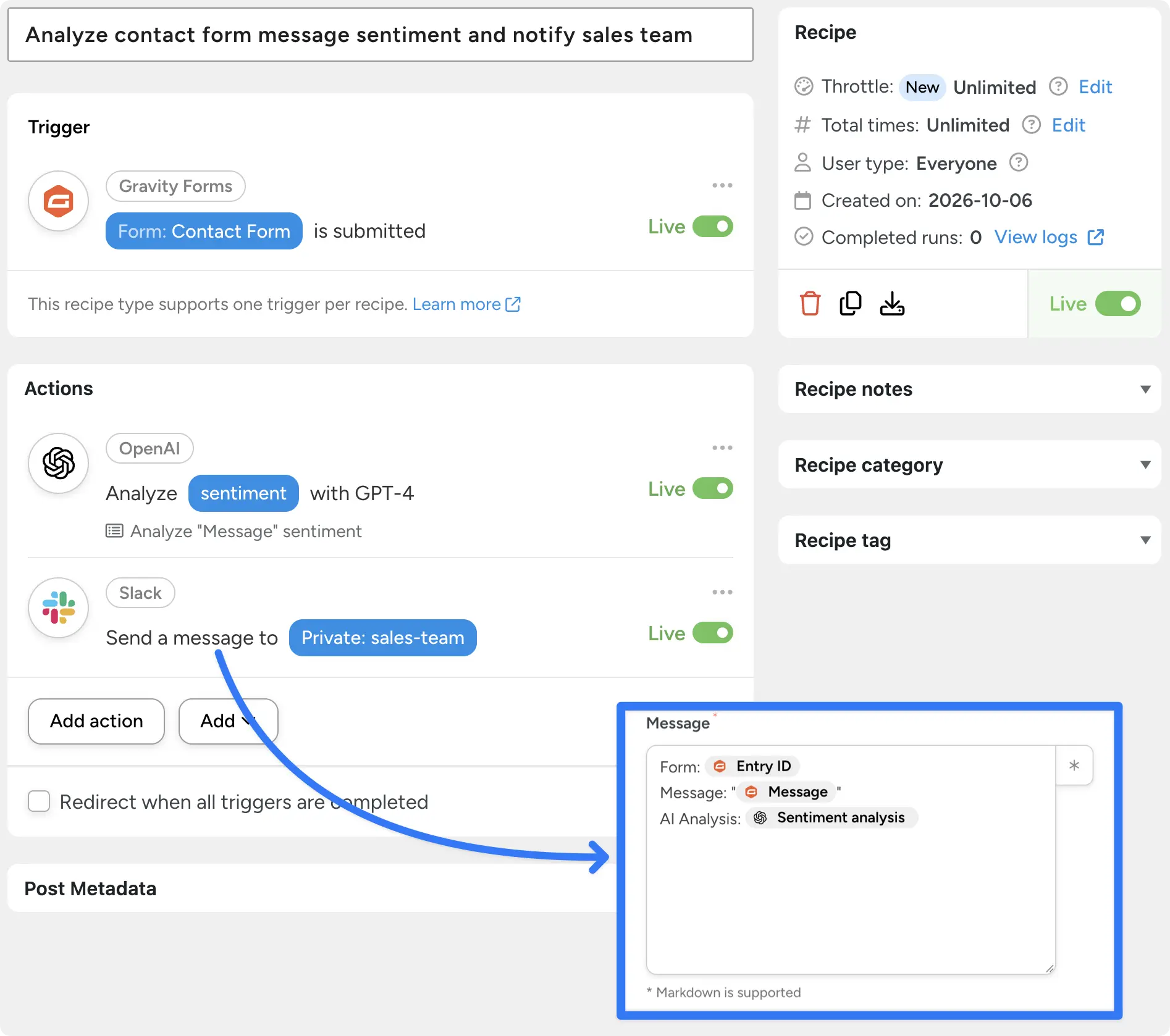 A Gravity Forms automation in Uncanny Automator building a Slack alert from the form entry, message, and GPT-4 sentiment analysis.