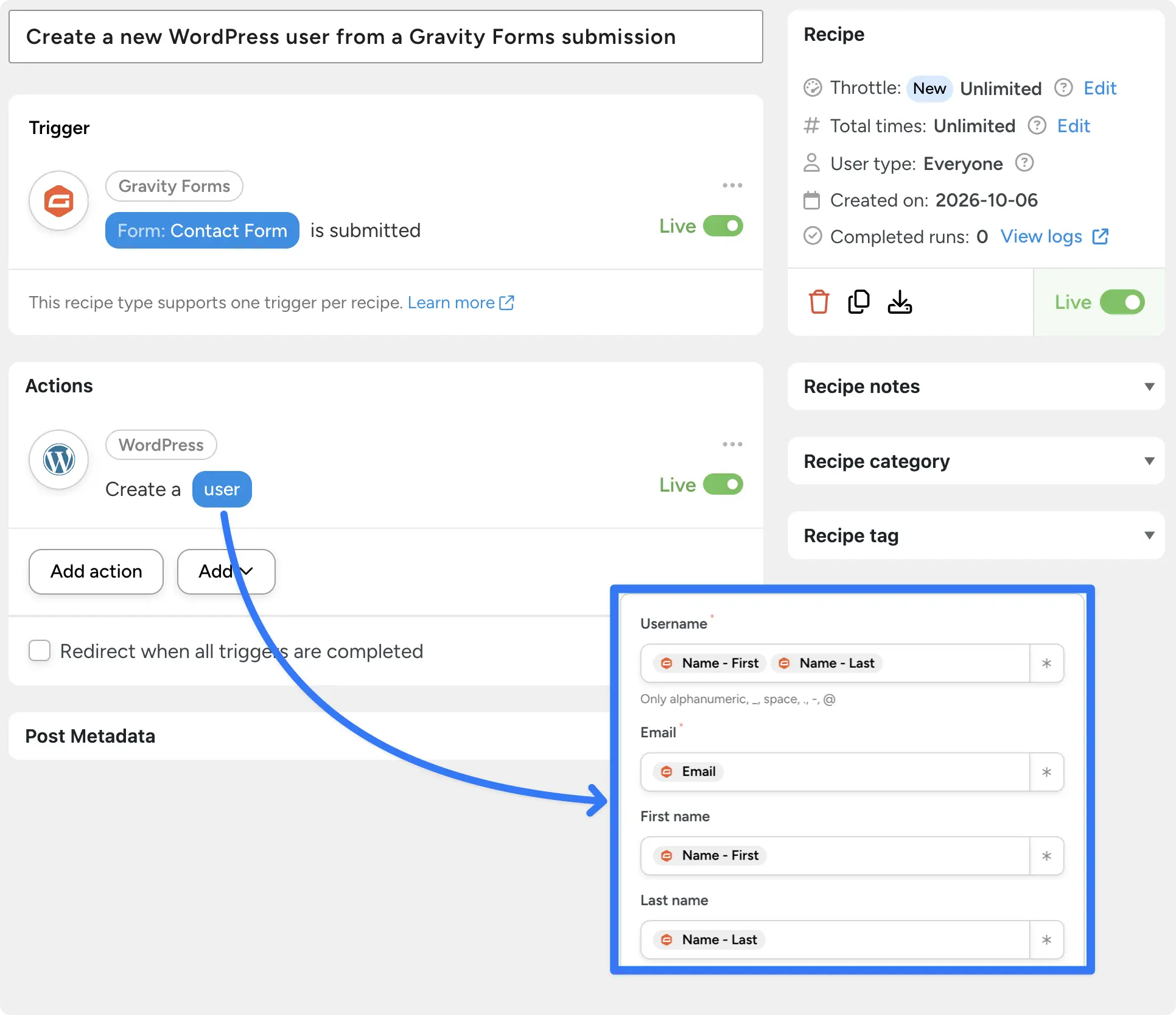 A Gravity Forms automation in Uncanny Automator creating a new WordPress user from contact form submission data.