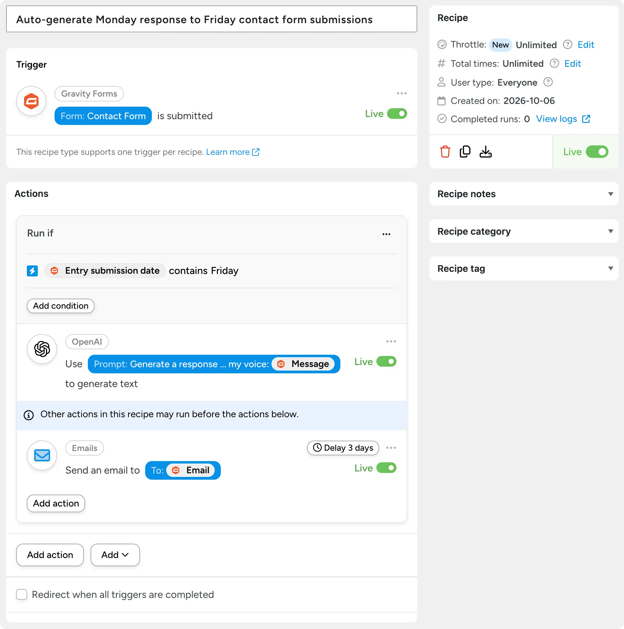 Gravity Forms automation generating an AI reply to Friday form submissions and emailing it after a three-day delay.