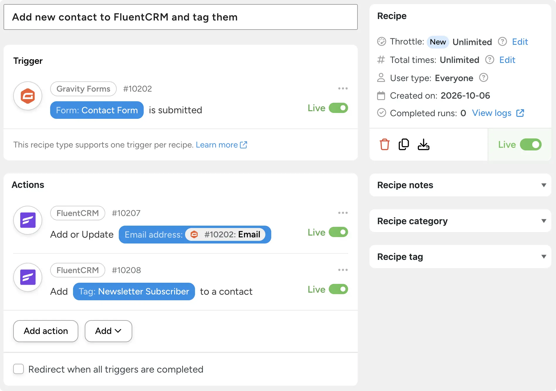 A Gravity Forms automation in Uncanny Automator passing the submitted email into FluentCRM, then applying a subscriber tag.