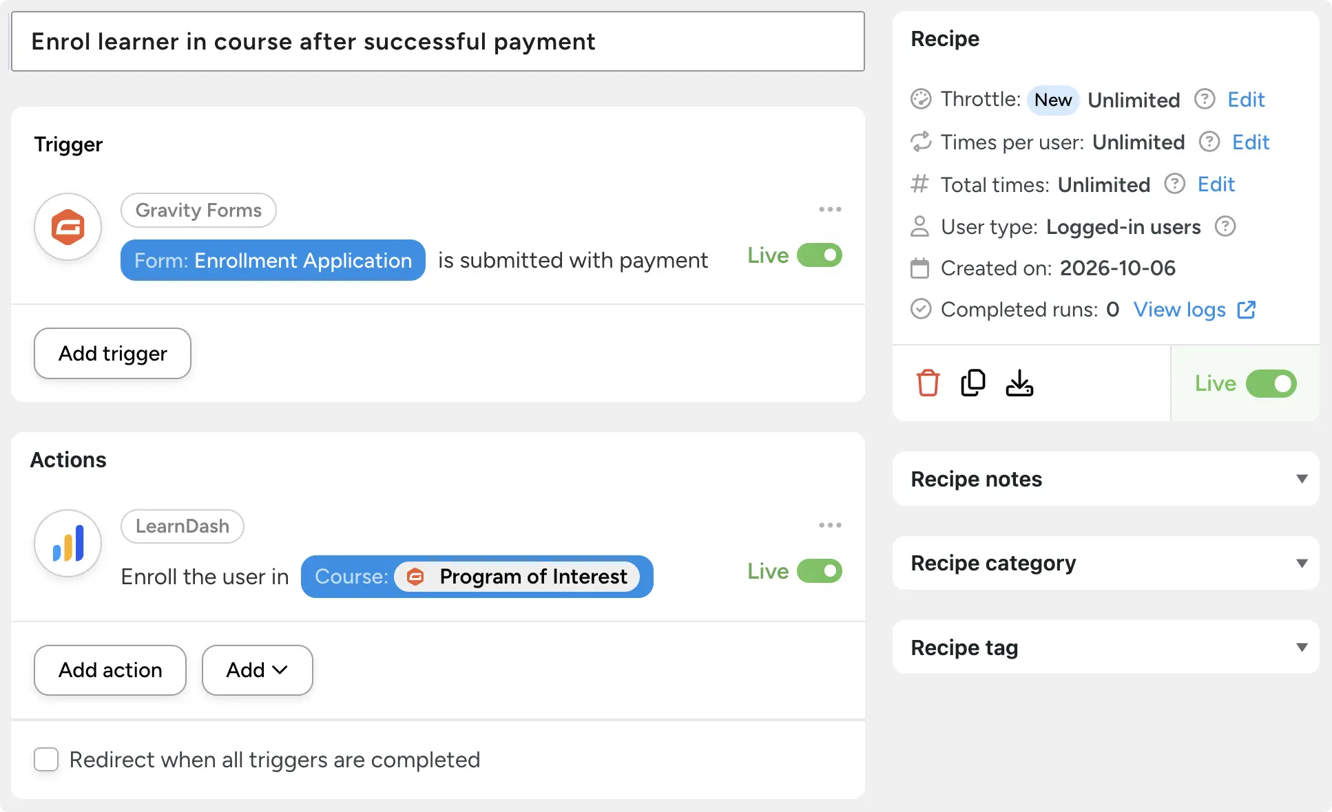 Gravity Forms automation enrolling a learner in a LearnDash course after an enrollment form is submitted with payment.