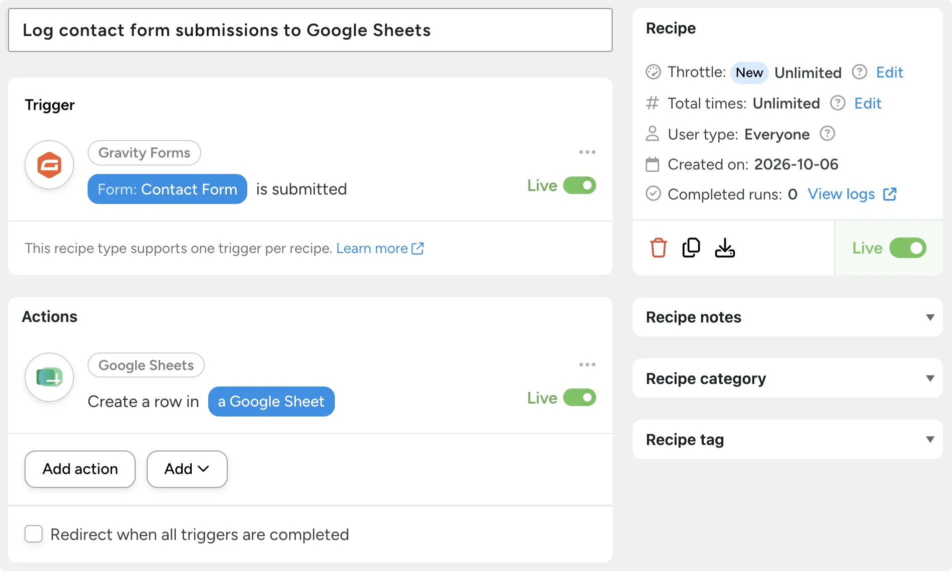 Gravity Forms automation in Uncanny Automator logging contact form submissions as new rows in a Google Sheet.