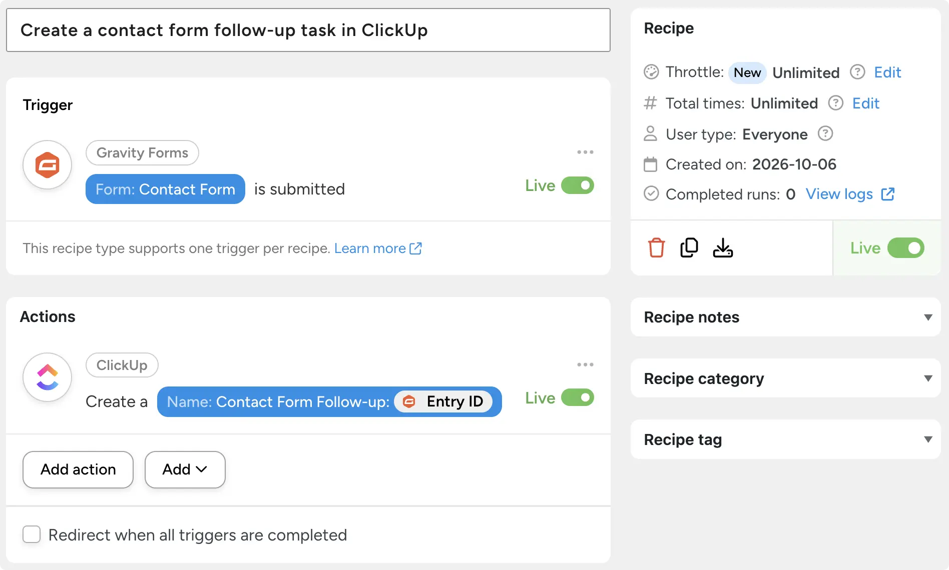 A Gravity Forms automation in Uncanny Automator creating a ClickUp task named with the form's entry ID.